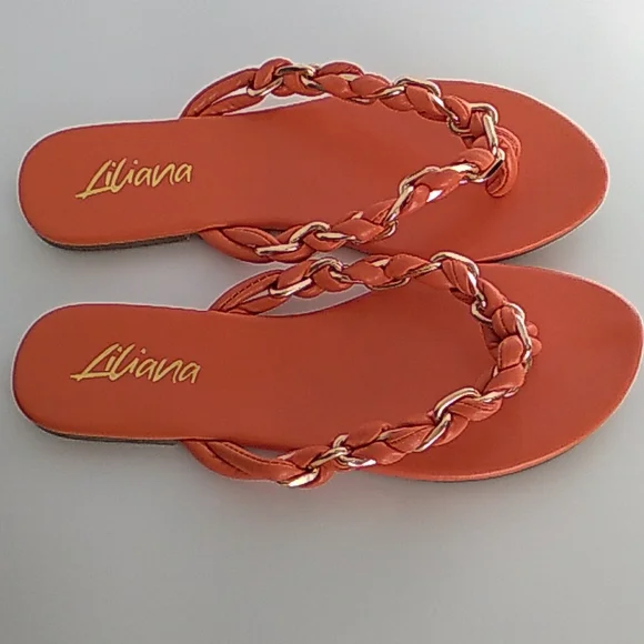 Liliana Women's Orange and Gold Rope Tie Sandals - Picture 2 of 3